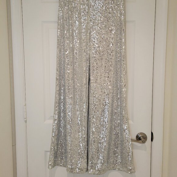 ANN TAYLOR SILVER SEQUIN WIDE LEG PANTS NWT - Picture 4 of 13